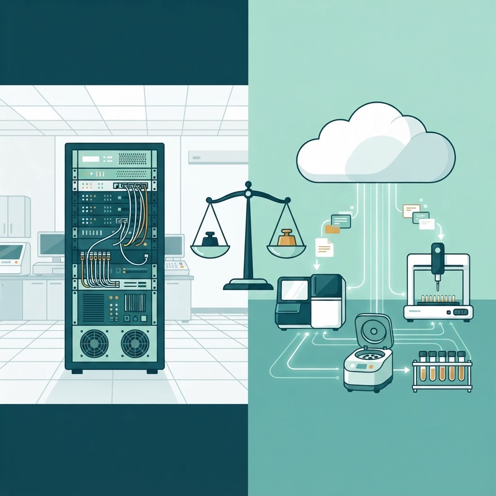 Illustration comparing cloud and on-premise LIMS deployment: server rack on one side, cloud icon with connected lab instruments on the other, with a balance scale in the center