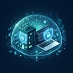 Modern cybersecurity shield illustration protecting a small business laptop with digital lock icons and network security elements