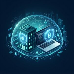 Modern cybersecurity shield illustration protecting a small business laptop with digital lock icons and network security elements
