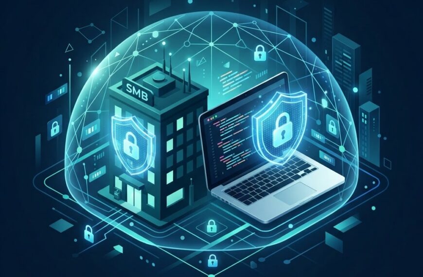 Modern cybersecurity shield illustration protecting a small business laptop with digital lock icons and network security elements