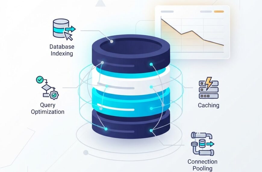 Illustration of a database with layers representing indexing, query plans, caching and connection pooling, with a downward latency line graph