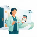Illustration of a phlebotomist visiting a patient at home for sample collection, with a smartphone showing a live route map and barcode-labeled sample tube
