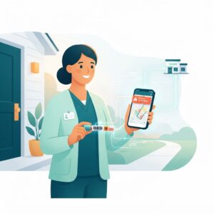 Illustration of a phlebotomist visiting a patient at home for sample collection, with a smartphone showing a live route map and barcode-labeled sample tube