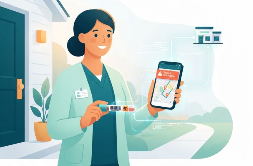 Illustration of a phlebotomist visiting a patient at home for sample collection, with a smartphone showing a live route map and barcode-labeled sample tube