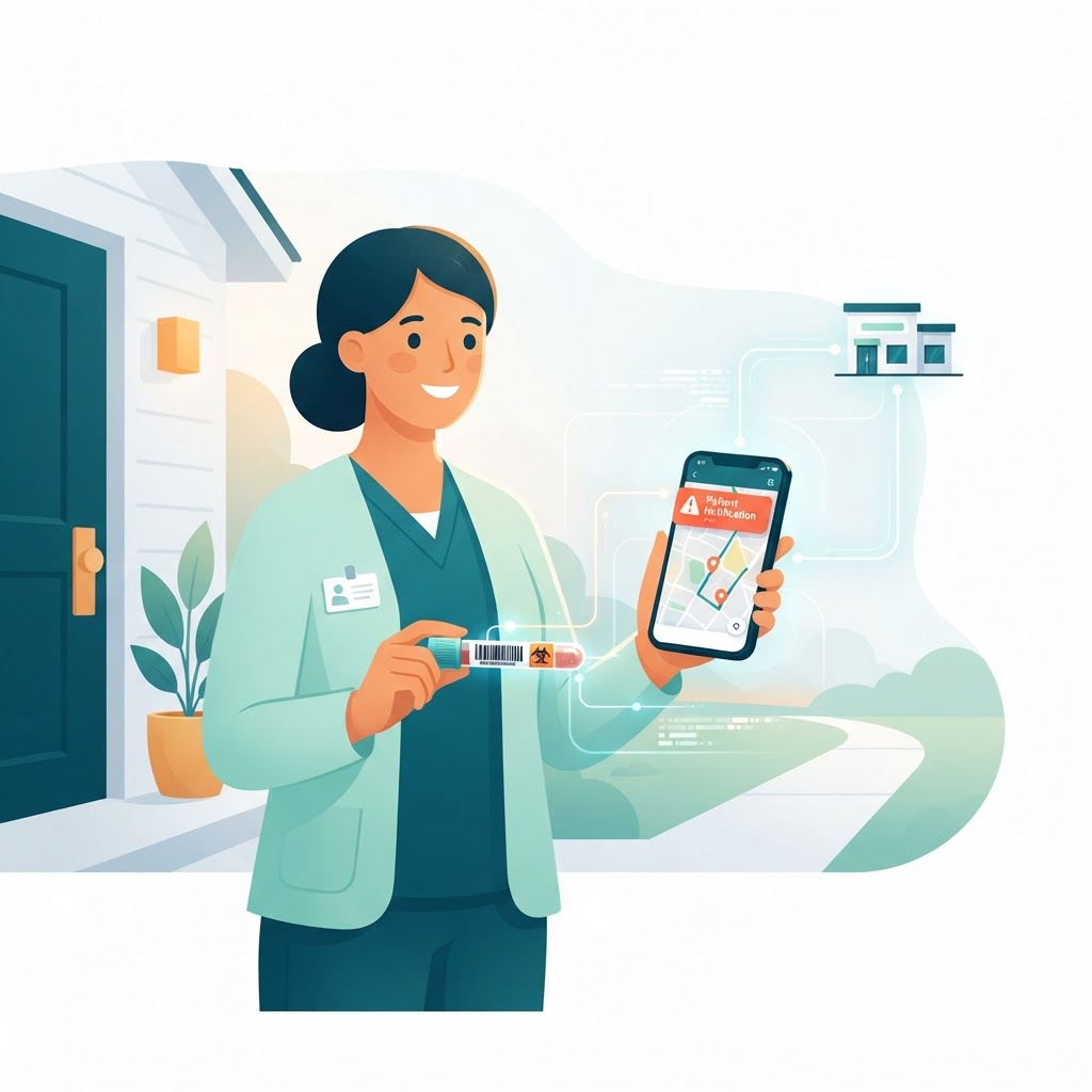 Illustration of a phlebotomist visiting a patient at home for sample collection, with a smartphone showing a live route map and barcode-labeled sample tube
