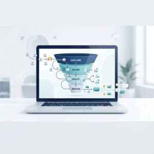 Illustration of an automated lead generation funnel with capture, scoring, routing, and nurturing stages connected by smooth workflow lines, with lead profile icons entering the funnel