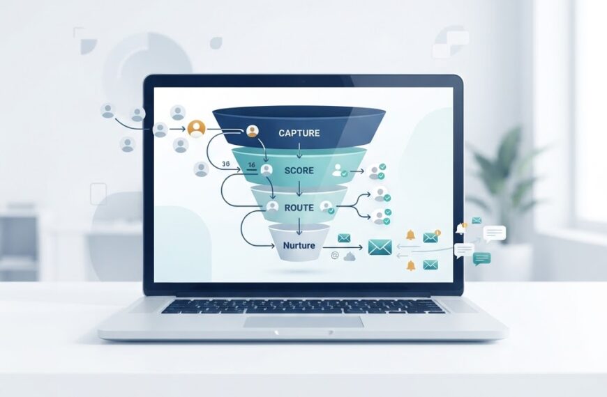 Illustration of an automated lead generation funnel with capture, scoring, routing, and nurturing stages connected by smooth workflow lines, with lead profile icons entering the funnel