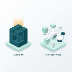 Split illustration comparing monolithic architecture (a single unified block) versus microservices architecture (multiple independent blocks connected by network lines), in a modern flat-design style