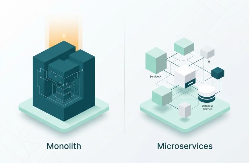 Split illustration comparing monolithic architecture (a single unified block) versus microservices architecture (multiple independent blocks connected by network lines), in a modern flat-design style
