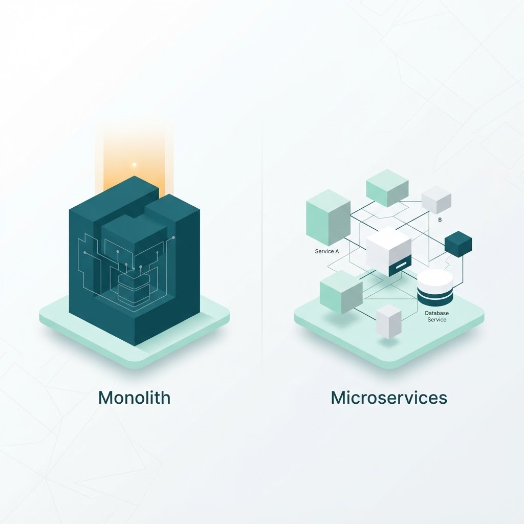 Split illustration comparing monolithic architecture (a single unified block) versus microservices architecture (multiple independent blocks connected by network lines), in a modern flat-design style