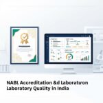 Illustration of a NABL accreditation certificate with a gold seal displayed on the wall of a modern diagnostic laboratory, with a computer monitor showing a quality management dashboard