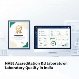 Illustration of a NABL accreditation certificate with a gold seal displayed on the wall of a modern diagnostic laboratory, with a computer monitor showing a quality management dashboard