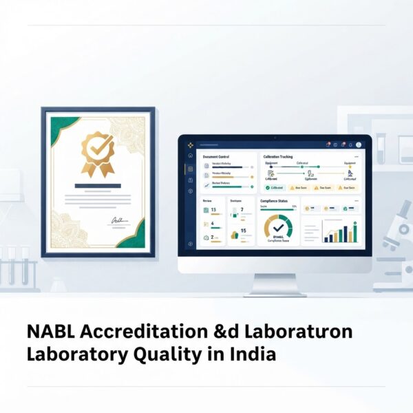 Illustration of a NABL accreditation certificate with a gold seal displayed on the wall of a modern diagnostic laboratory, with a computer monitor showing a quality management dashboard