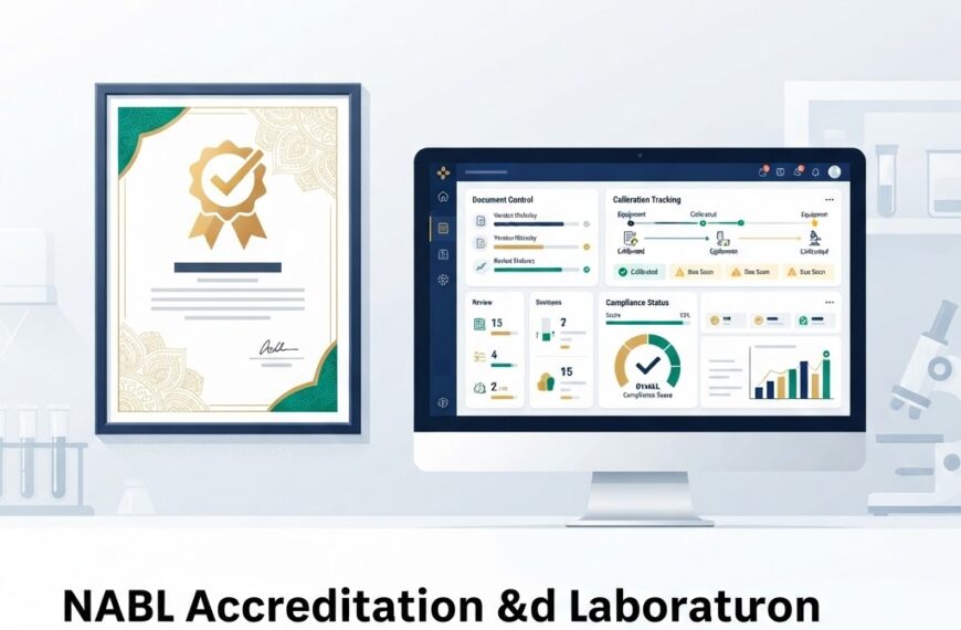 Illustration of a NABL accreditation certificate with a gold seal displayed on the wall of a modern diagnostic laboratory, with a computer monitor showing a quality management dashboard