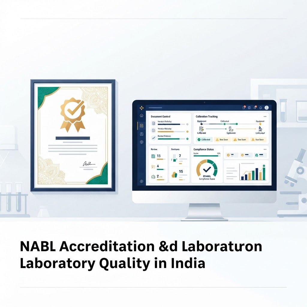 Illustration of a NABL accreditation certificate with a gold seal displayed on the wall of a modern diagnostic laboratory, with a computer monitor showing a quality management dashboard