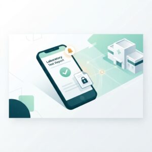 A smartphone displaying a digital lab test report with a checkmark, connected to a diagnostic laboratory building, symbolizing online report delivery