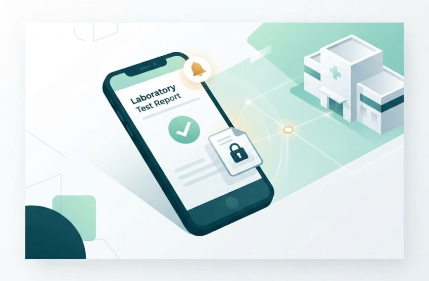 A smartphone displaying a digital lab test report with a checkmark, connected to a diagnostic laboratory building, symbolizing online report delivery