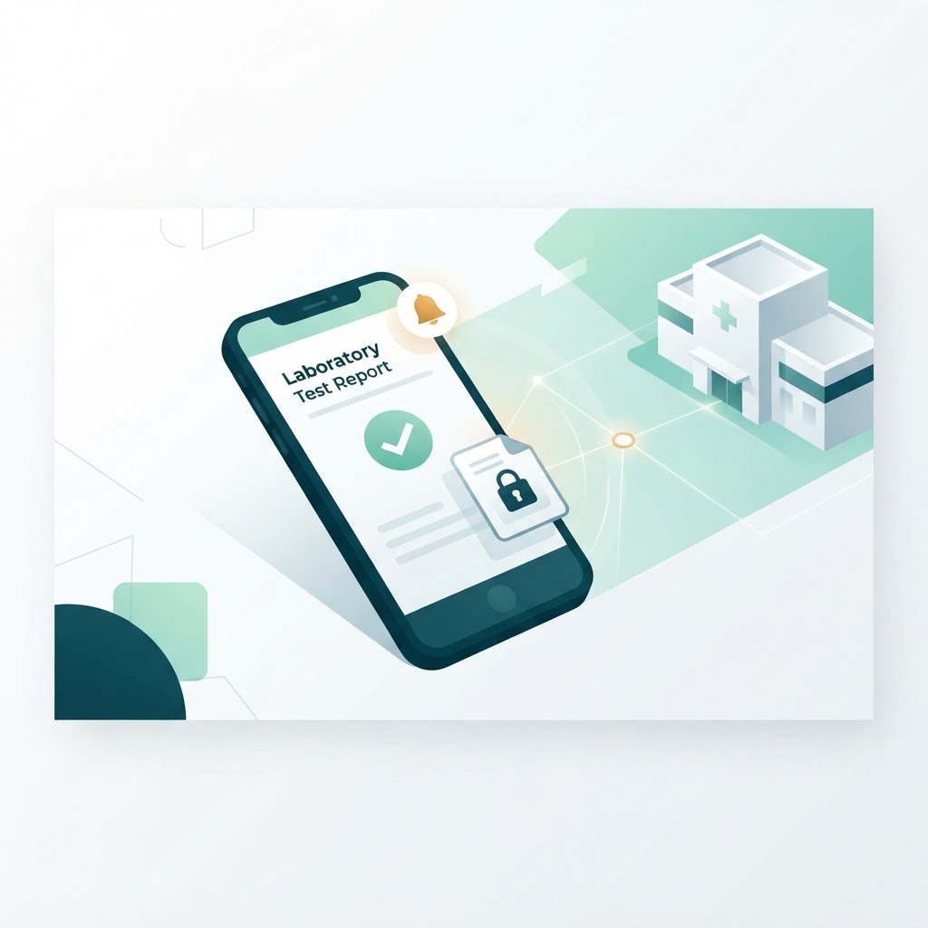 A smartphone displaying a digital lab test report with a checkmark, connected to a diagnostic laboratory building, symbolizing online report delivery