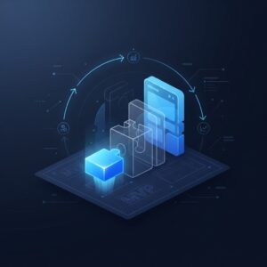 A single glowing puzzle piece rising from a blueprint into a structure of larger translucent blocks, illustrating launching a minimum viable product and iterating toward a complete product