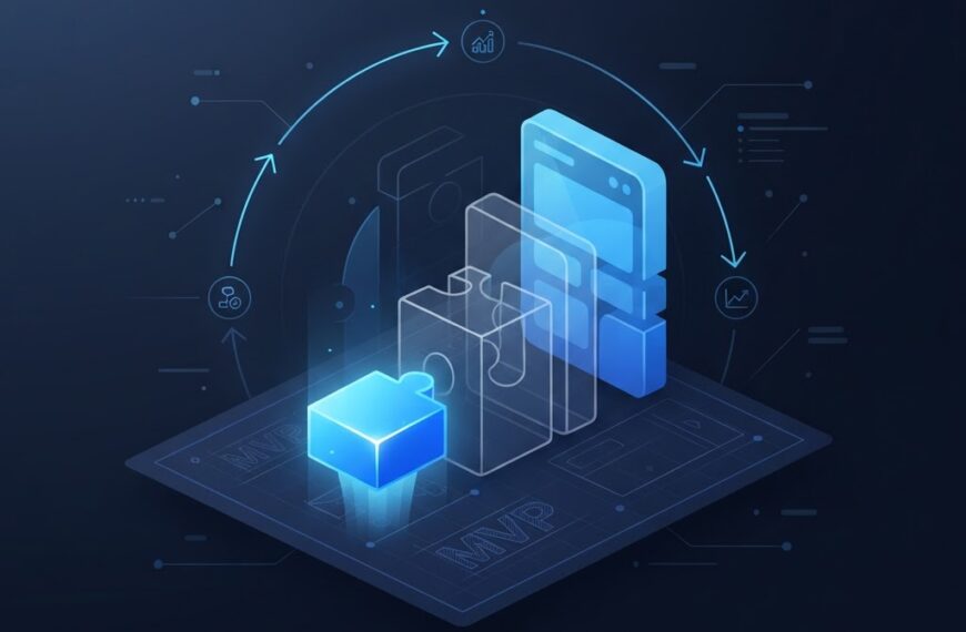 A single glowing puzzle piece rising from a blueprint into a structure of larger translucent blocks, illustrating launching a minimum viable product and iterating toward a complete product
