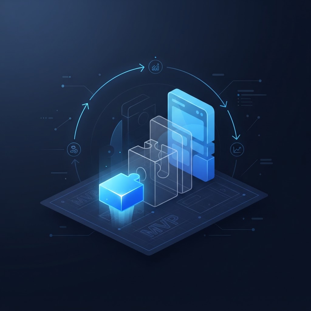 A single glowing puzzle piece rising from a blueprint into a structure of larger translucent blocks, illustrating launching a minimum viable product and iterating toward a complete product