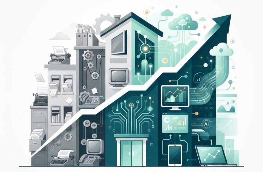 Illustration of an organization transforming from analog paper files and gears on the left to connected digital nodes, cloud icons, and data flow streams on the right, with a bold transition line sweeping upward